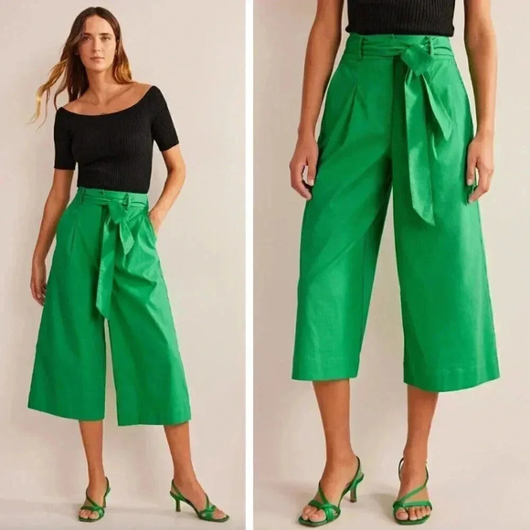 NEW Boden Belted Wide Leg Crop Pants Rich Emerald Linen Blend Coastal Breathable - Picture 1 of 8